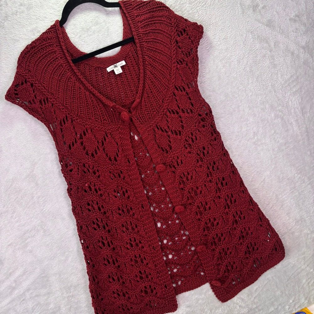 Coldwater Creek Women Vest XL Red Crochet Knit Button Front Longline Cap Sleeve